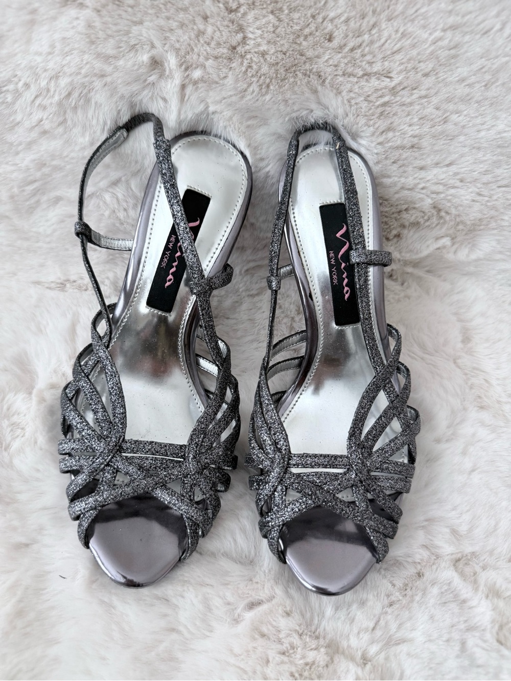 Sz 5.5 Women Nina Silver Glitter Strappy Heels